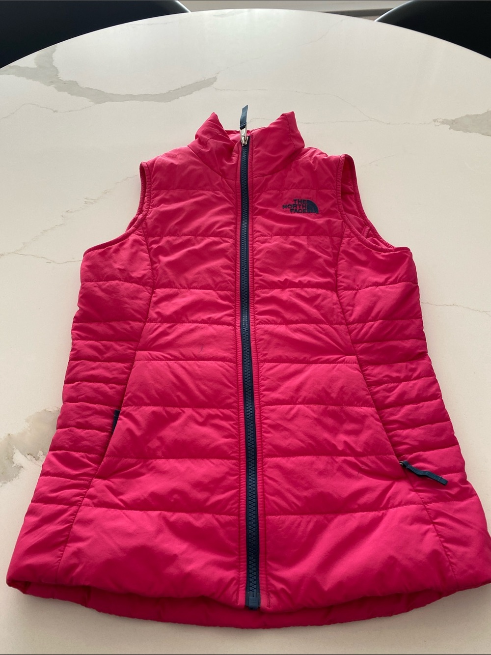 The North Face Girls' Hot Pink Quilted Vest with Blue Trim